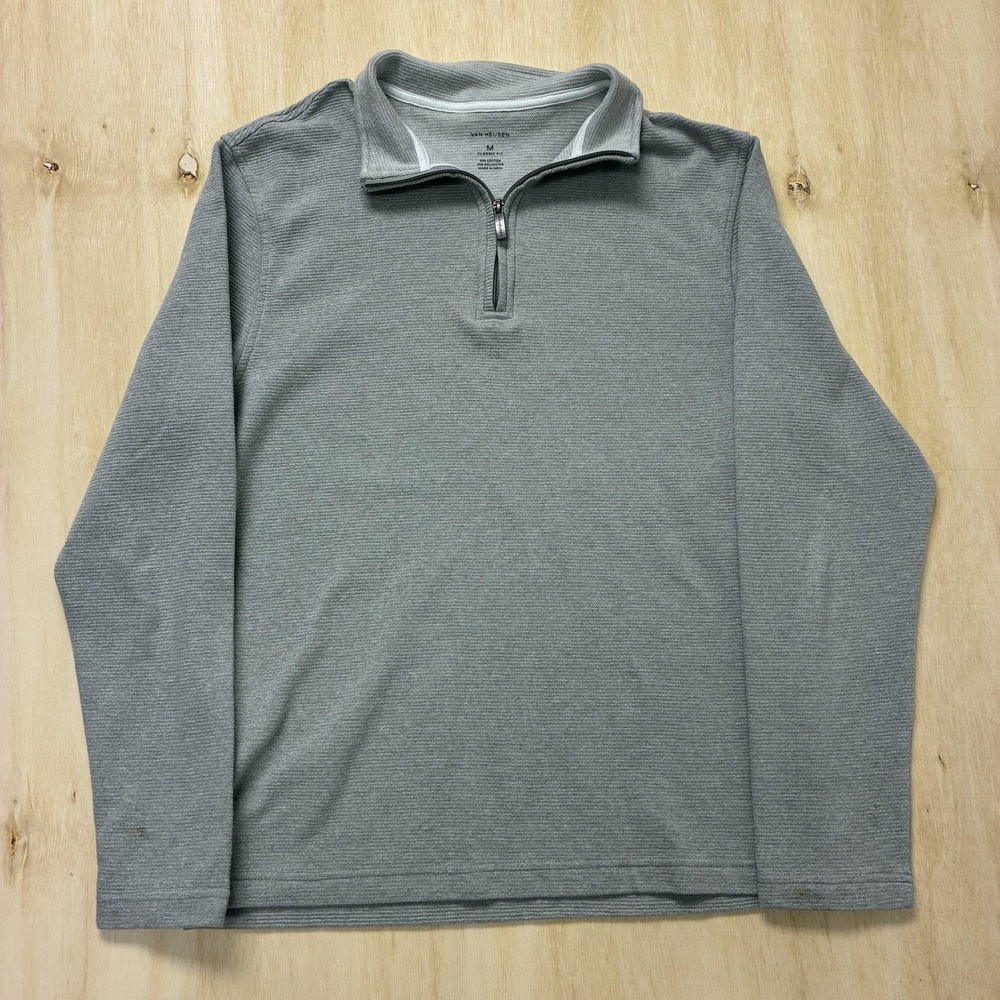 Van Heusen Sweater Mens Medium Gray Waffle-Knit Mock Neck‎ 1/4 Zip Pullover